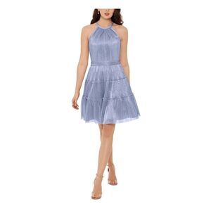 XSCAPE Womens Silver Tiered Sleeveless Halter Short Evening Fit + Flare Dress 14